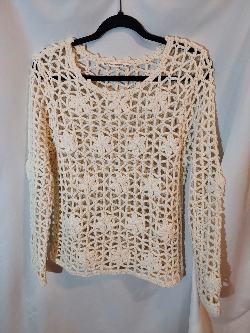 Hippie Laundry Open Knit Crochet Pullover Floral Cream Boho Sweater L